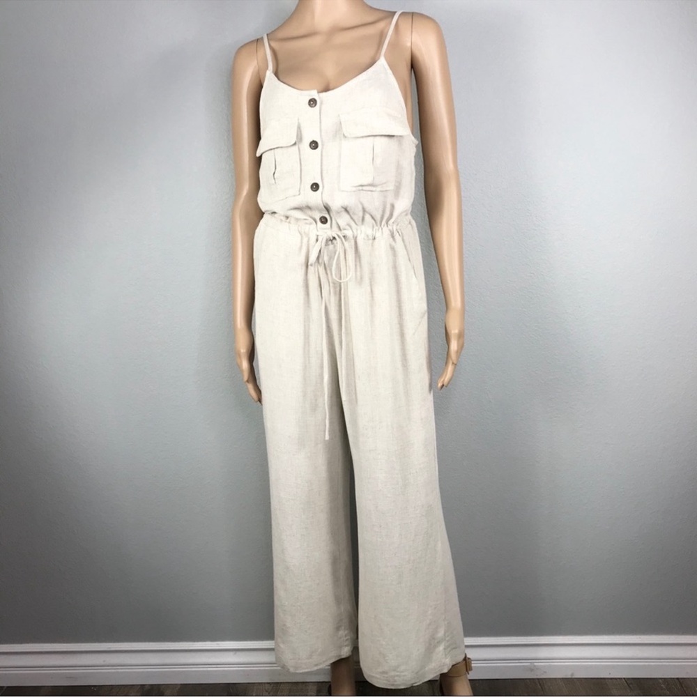 NWOT Promesa Linen Oatmeal Natural Light Beige Jumpsuit Tank Buttons - Picture 7 of 15